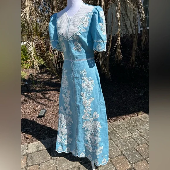 NWT🌷Farm Rio Floral Embroidery Linen Short Sleeve Open Back Midi Dress - Picture 8 of 12